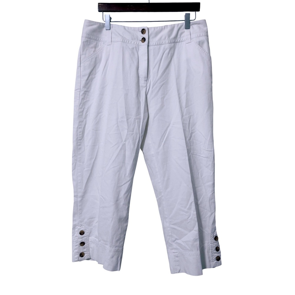 Charter Club Women Cropped Pants 14 White Classic Fit Button Hem Capris Preppy